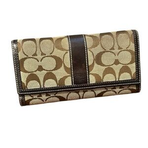 Coach Legacy Signature Leather Stripe Checkbook Trifold Wallet Brown